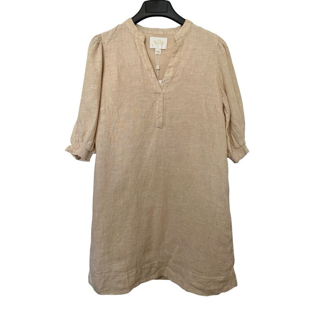 Lilly Pulitzer Mialeigh 100% Linen Shift Mini Dress Size 6 Sand Puff Sleeve NWT